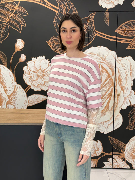 T-shirt a righe rosa maniche in pizzo - HaveOne