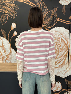 T-shirt a righe rosa maniche in pizzo - HaveOne