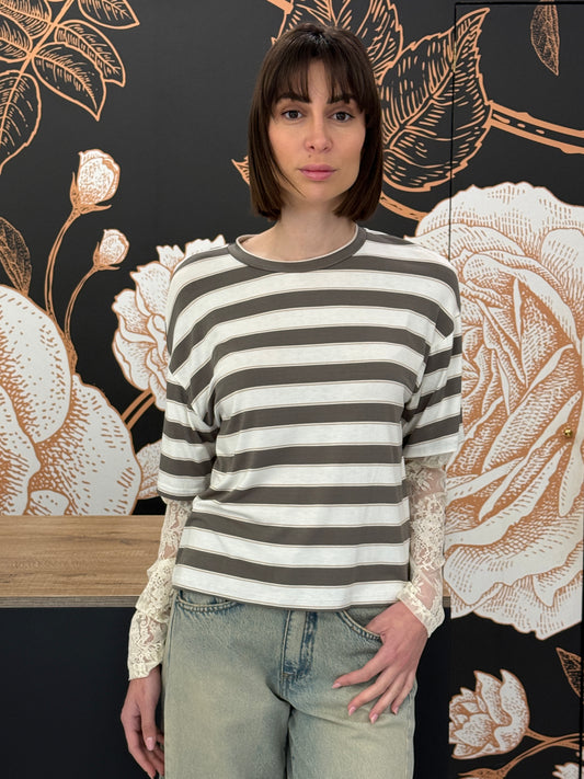 T-shirt a righe verde maniche in pizzo - HaveOne