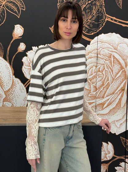 T-shirt a righe verde maniche in pizzo - HaveOne