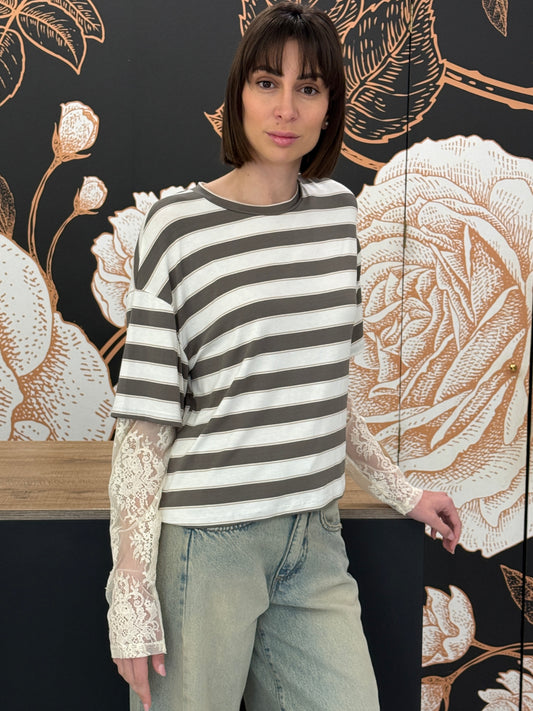 T-shirt a righe verde maniche in pizzo - HaveOne