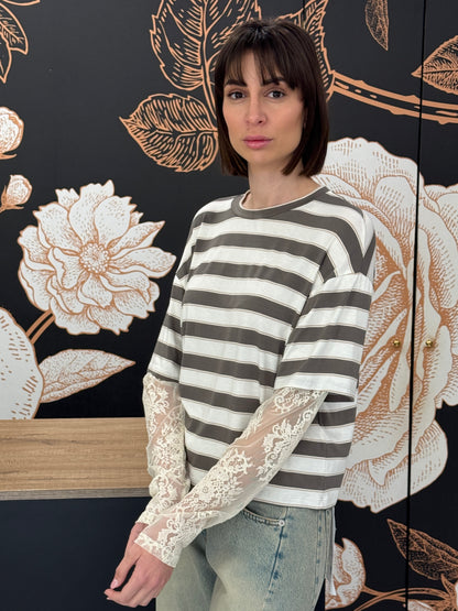 T-shirt a righe verde maniche in pizzo - HaveOne