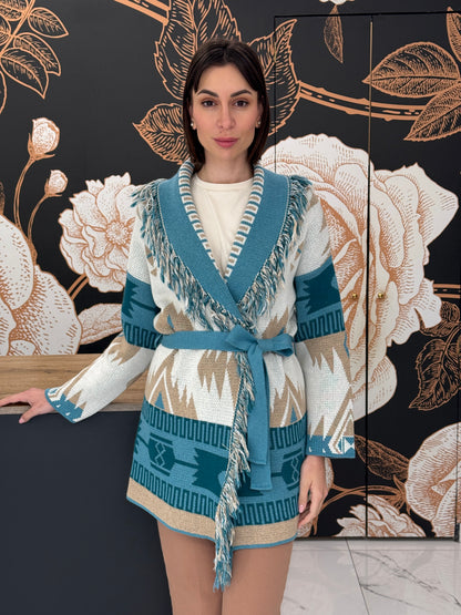 Cardigan jacquard frange petrolio - Vicolo