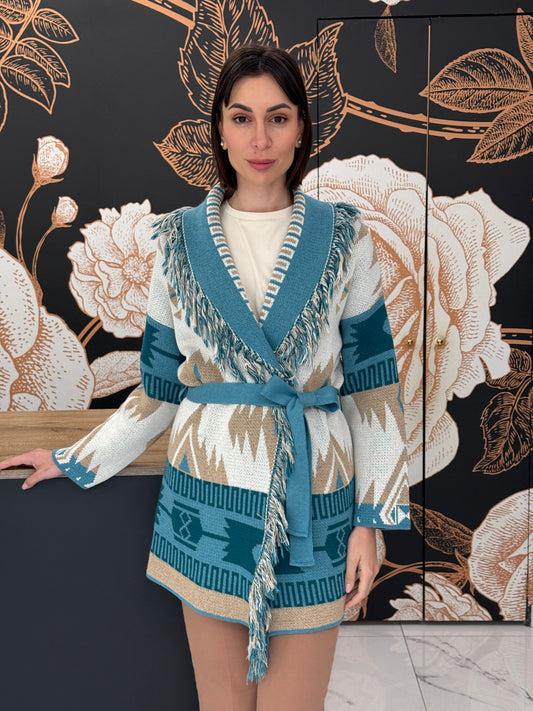 Cardigan jacquard frange petrolio - Vicolo