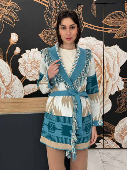 Cardigan jacquard frange petrolio - Vicolo