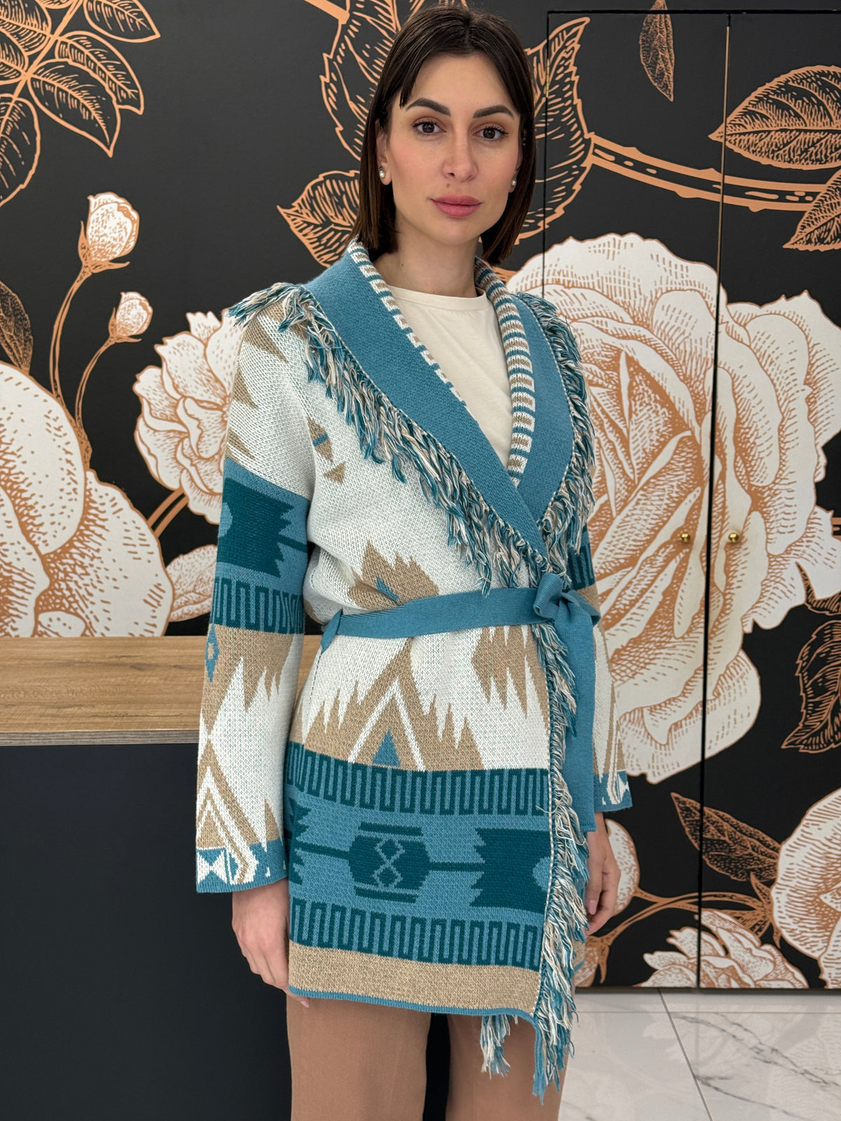 Cardigan jacquard frange petrolio - Vicolo