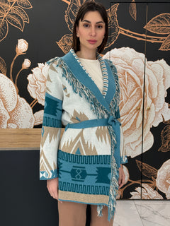 Cardigan jacquard frange petrolio - Vicolo