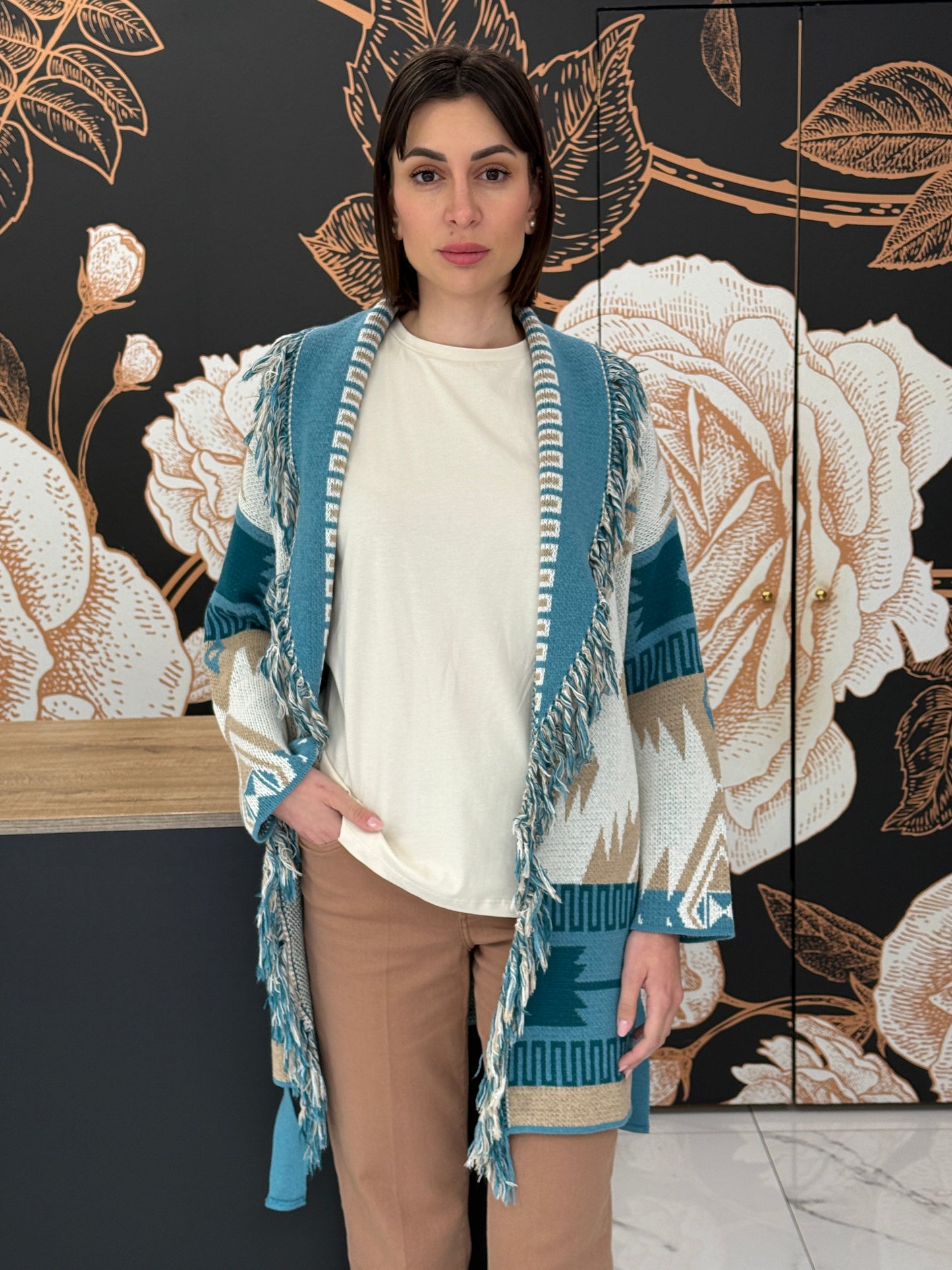 Cardigan jacquard frange petrolio - Vicolo