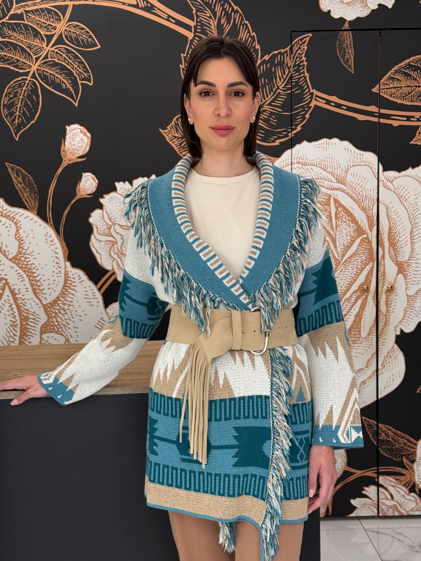 Cardigan jacquard frange petrolio - Vicolo