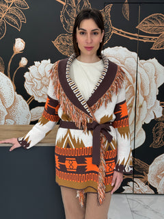 Cardigan jacquard frange marrone - Vicolo