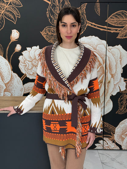 Cardigan jacquard frange marrone - Vicolo
