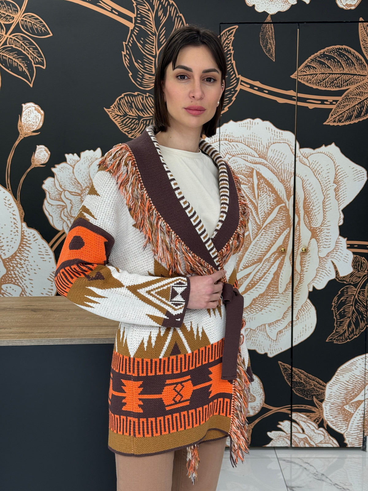 Cardigan jacquard frange marrone - Vicolo