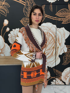 Cardigan jacquard frange marrone - Vicolo