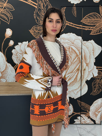 Cardigan jacquard frange marrone - Vicolo