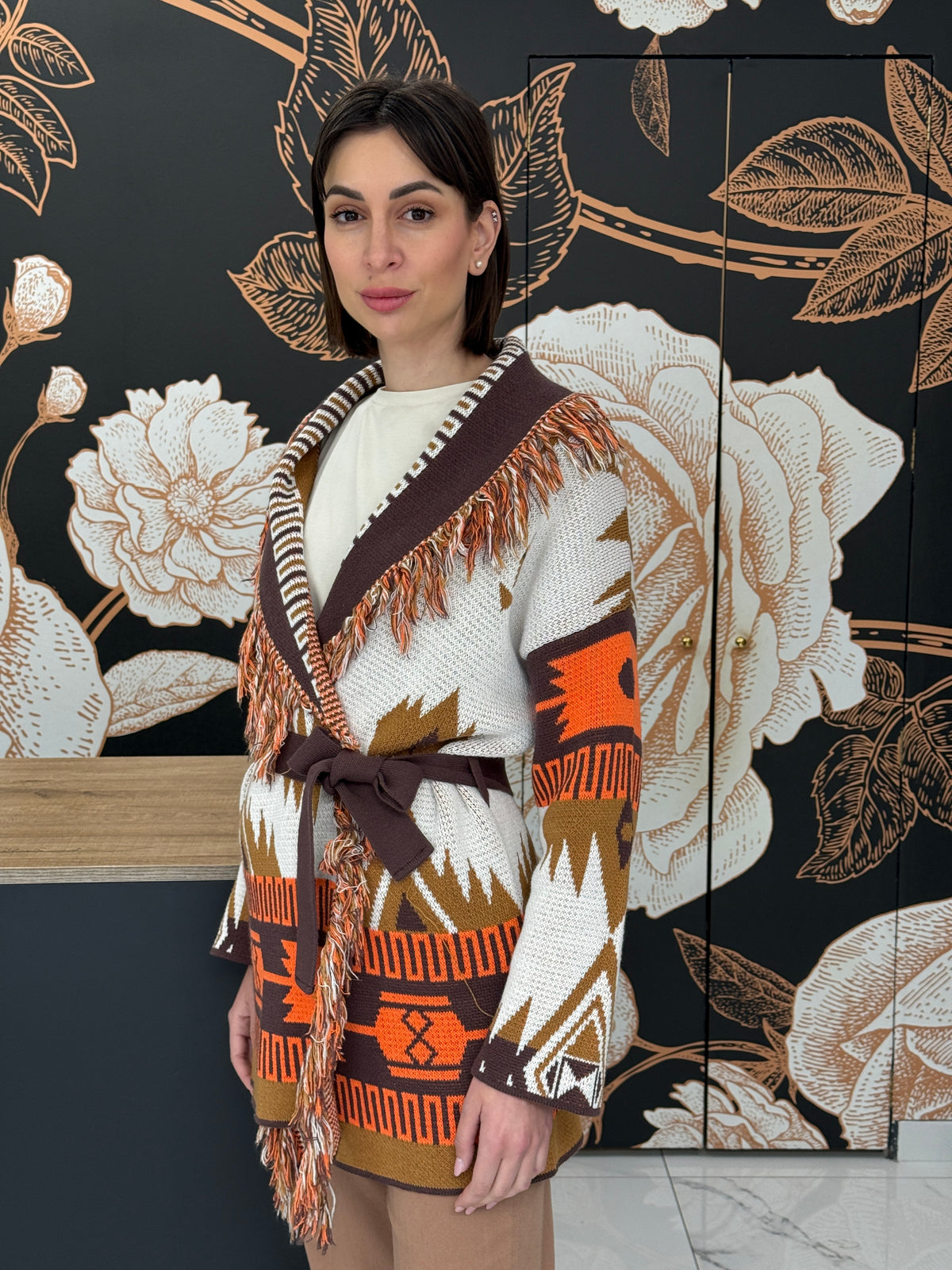 Cardigan jacquard frange marrone - Vicolo