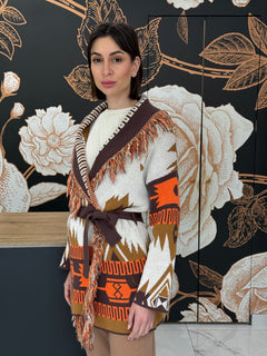 Cardigan jacquard frange marrone - Vicolo