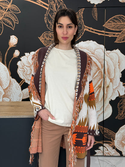 Cardigan jacquard frange marrone - Vicolo