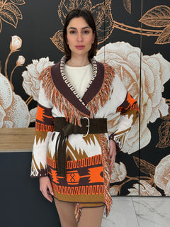 Cardigan jacquard frange marrone - Vicolo