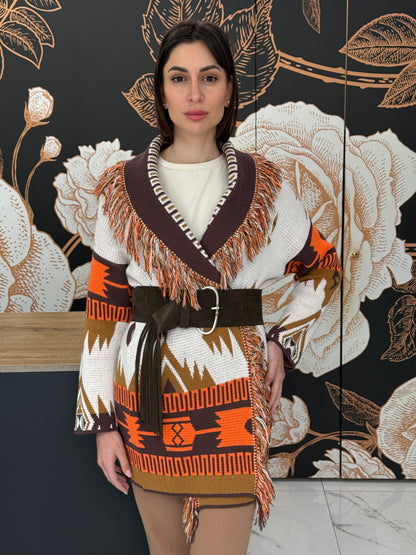 Cardigan jacquard frange marrone - Vicolo