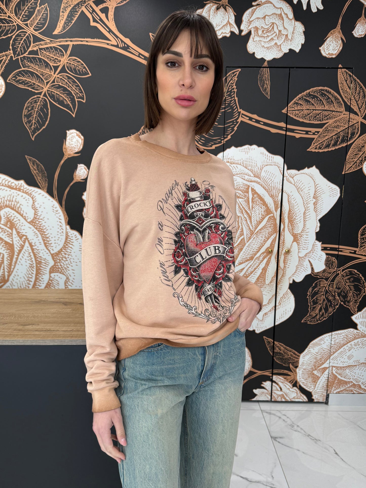 Felpa girocollo cuore rosa - HAVEONE