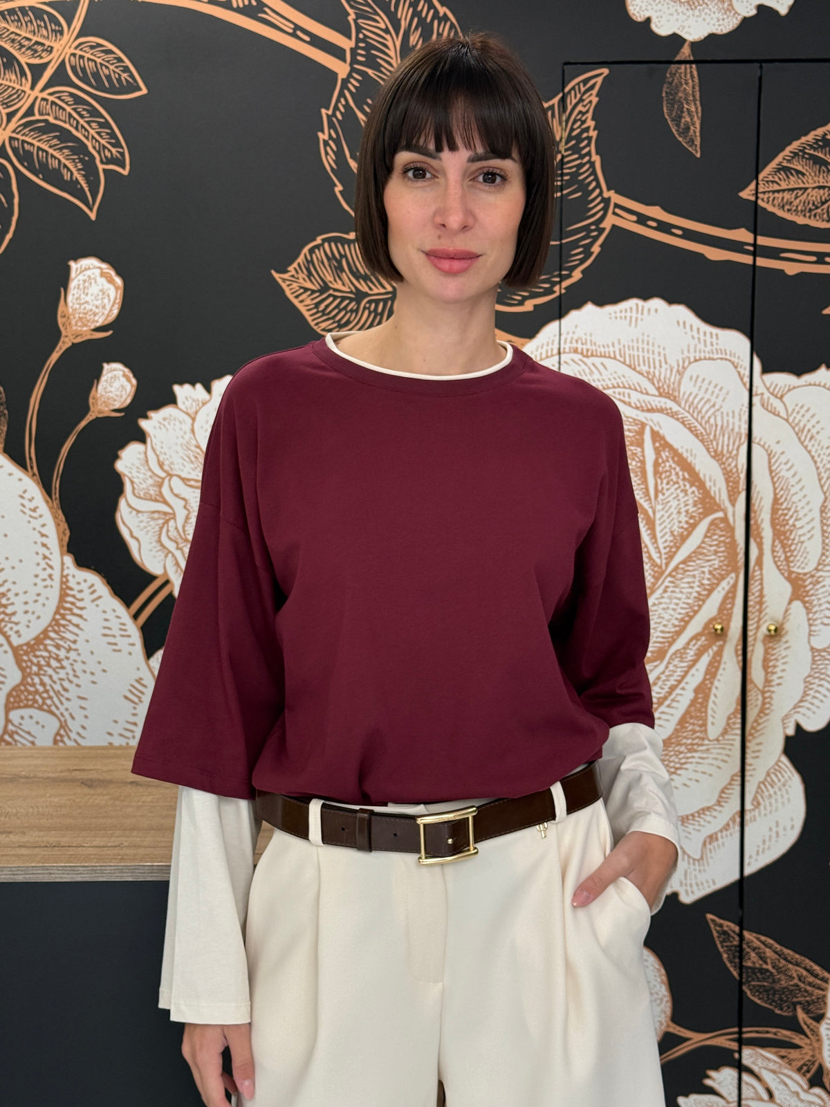 T-shirt doppia manica a contrasto di colore bordeaux - Vicolo