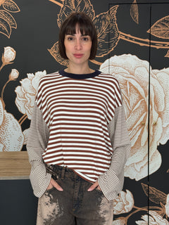 T-SHIRT MILLE RIGHE MANICA CAMPANA   COLLO A CONTRASTO - HAVEONE