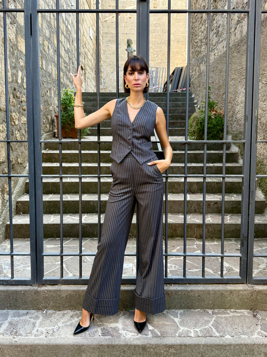 Pantalone wide leg gessato girgio - Silence Limited
