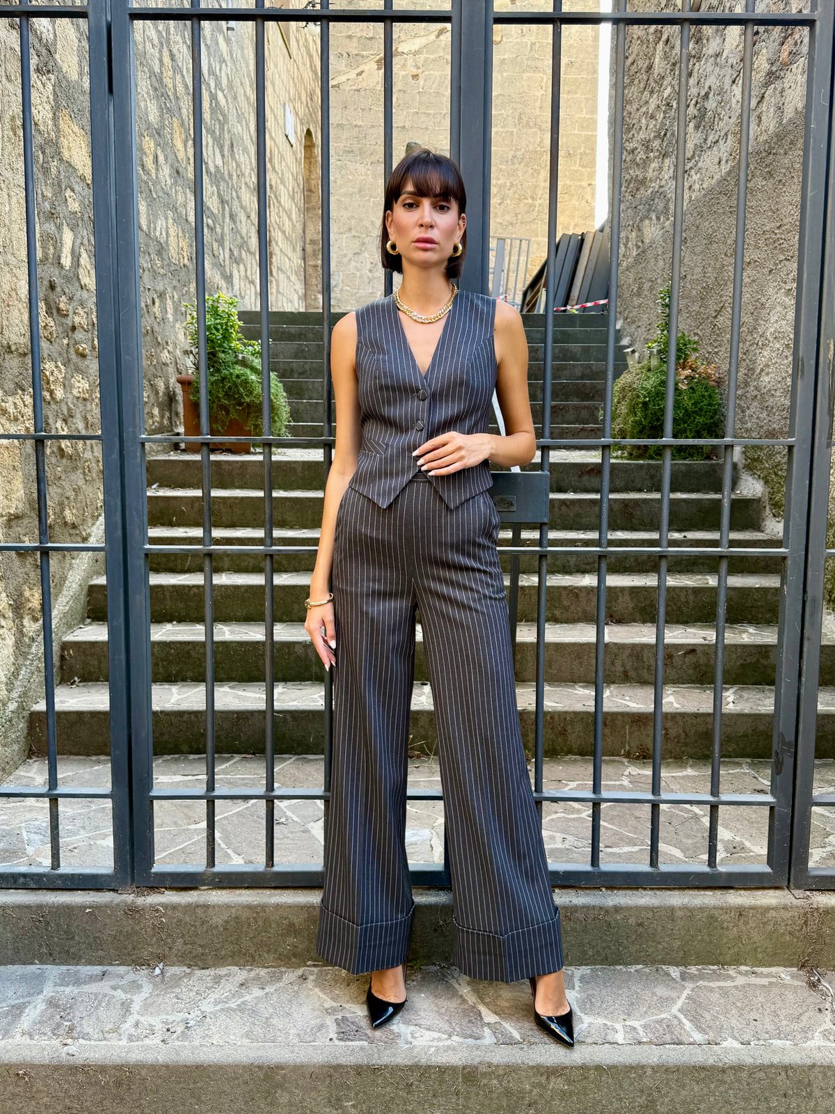 Pantalone wide leg gessato girgio - Silence Limited