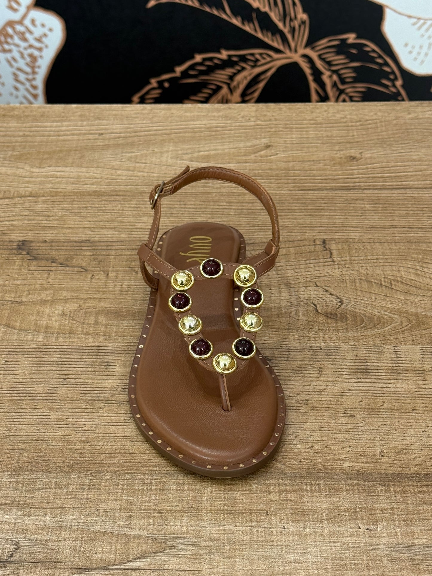 Sandalo infradito in pelle cuoio con applicazioni - Ovyè