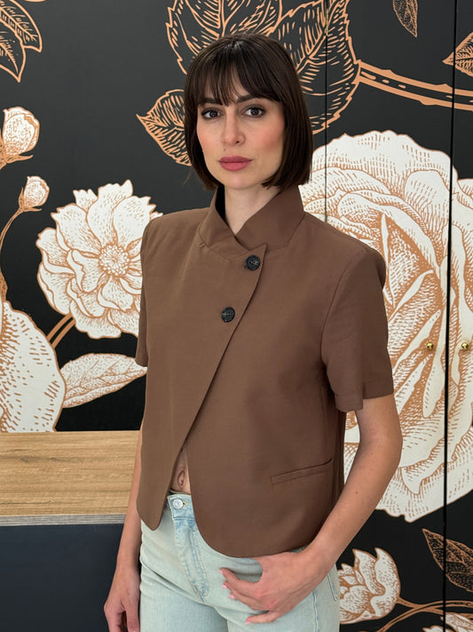 Giacca crop mezza manica marrone - HAVEONE