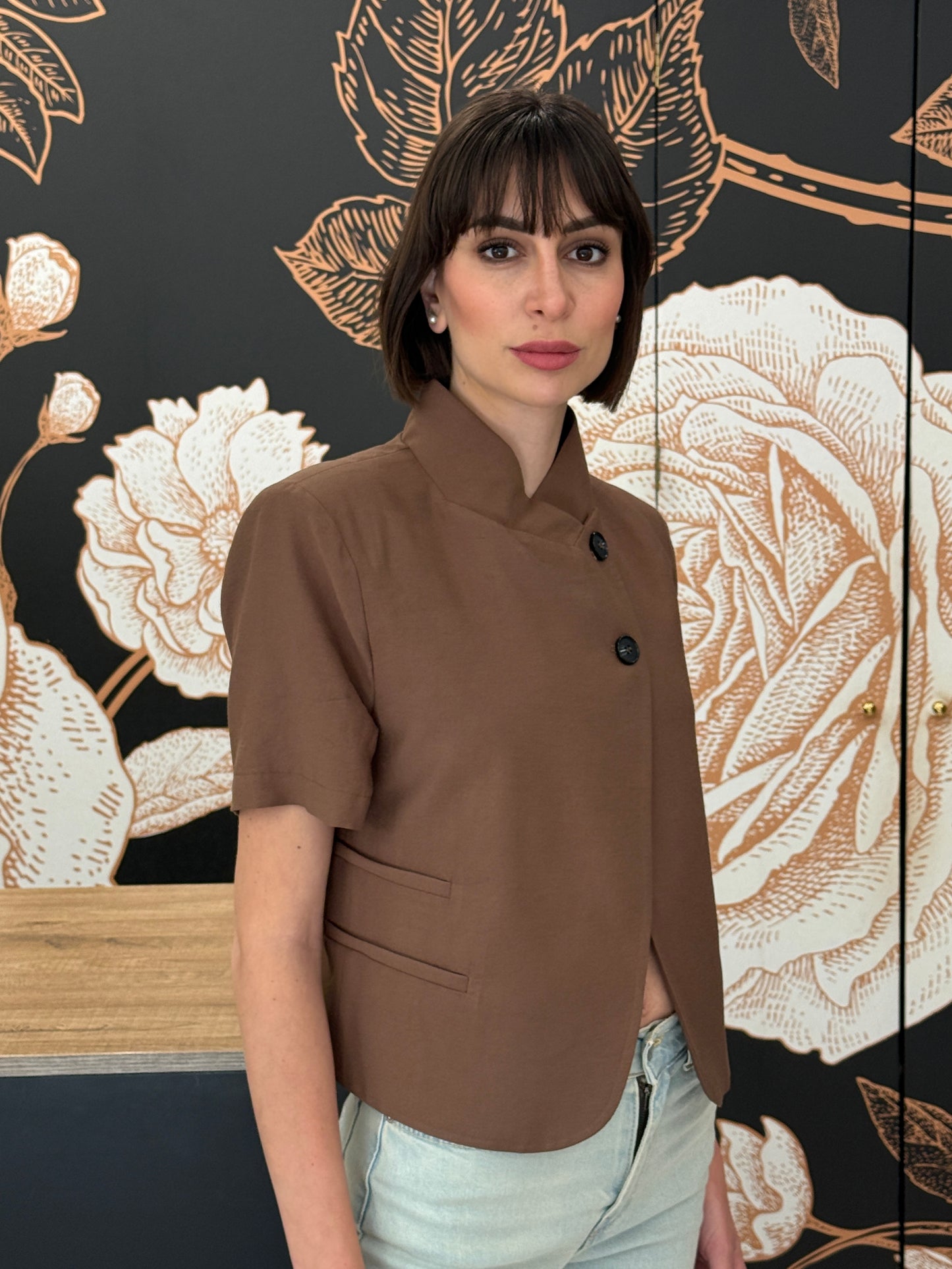 Giacca crop mezza manica marrone - HAVEONE