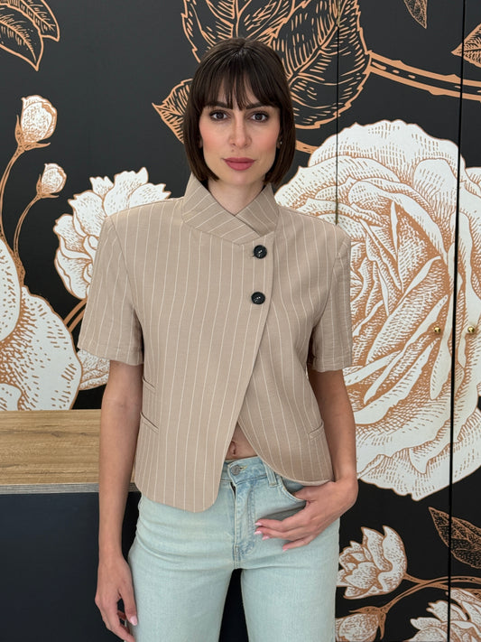 Giacca crop mezza manica rigata beige - HAVEONE