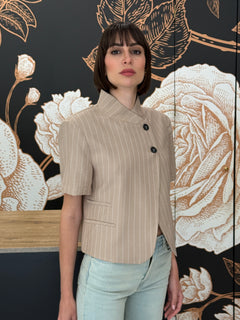 Giacca crop mezza manica rigata beige - HAVEONE
