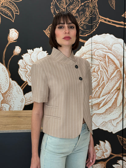 Giacca crop mezza manica rigata beige - HAVEONE