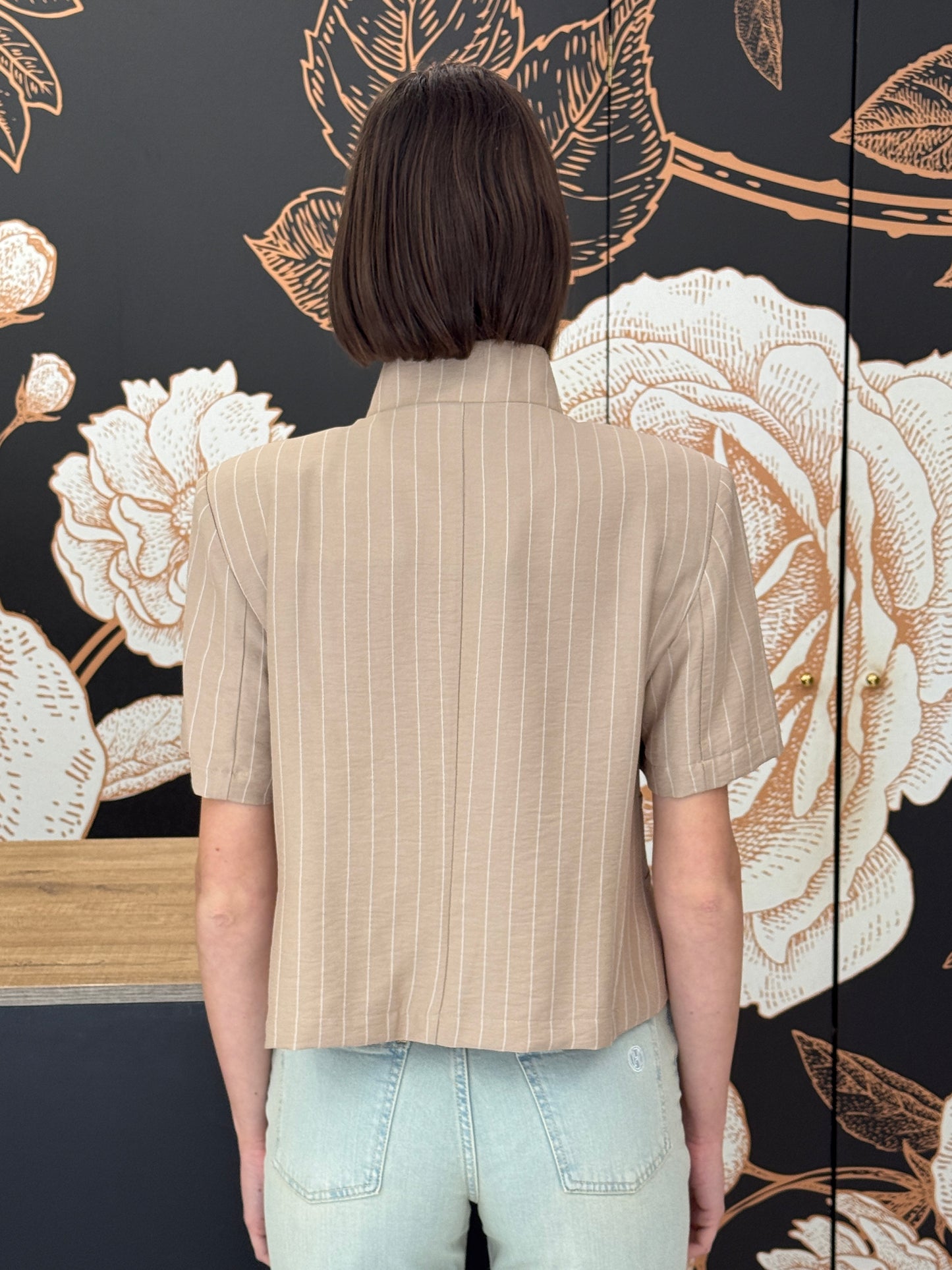 Giacca crop mezza manica rigata beige - HAVEONE