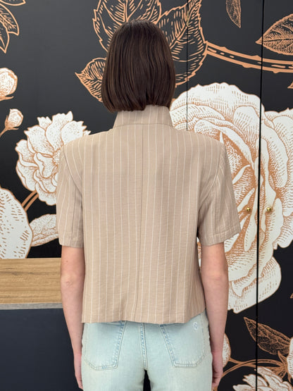 Giacca crop mezza manica rigata beige - HAVEONE