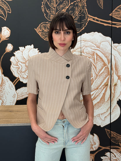 Giacca crop mezza manica rigata beige - HAVEONE
