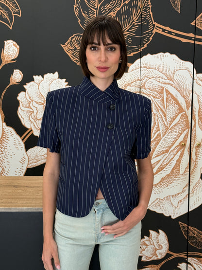 Giacca crop mezza manica rigata blu - HAVEONE