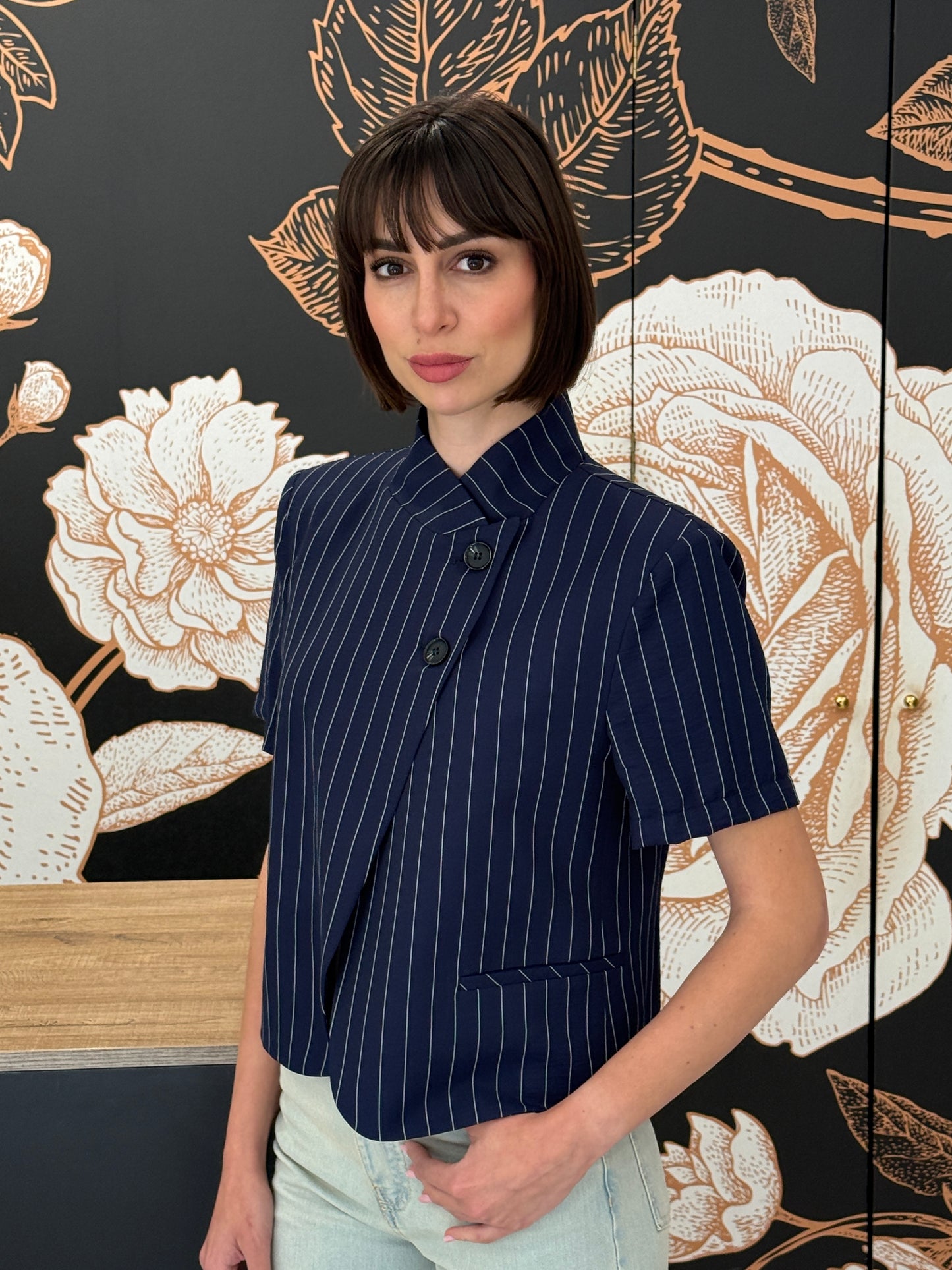 Giacca crop mezza manica rigata blu - HAVEONE