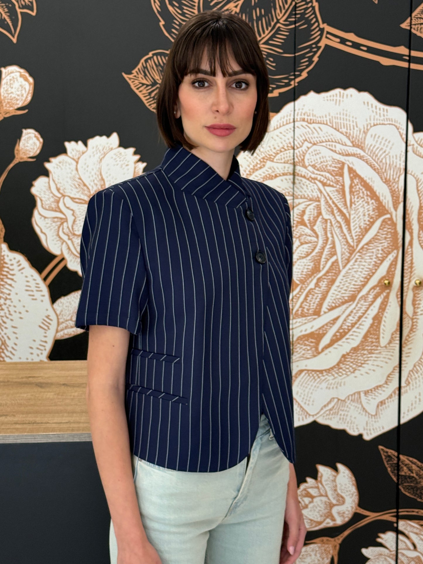 Giacca crop mezza manica rigata blu - HAVEONE
