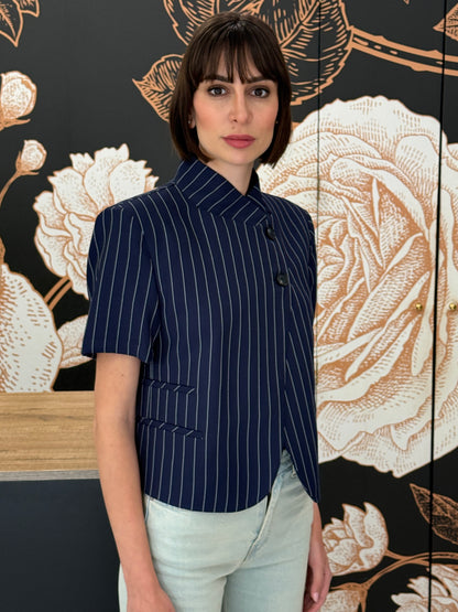 Giacca crop mezza manica rigata blu - HAVEONE