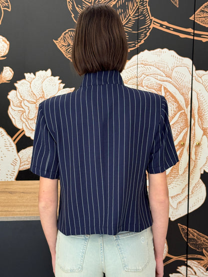 Giacca crop mezza manica rigata blu - HAVEONE