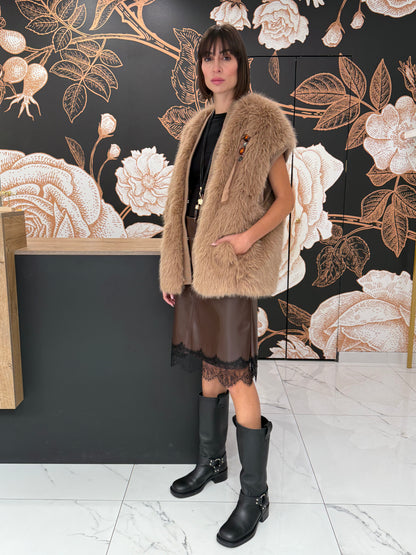 Gilet ecopelliccia con orli in maglia miele - Souvenir Clubbing