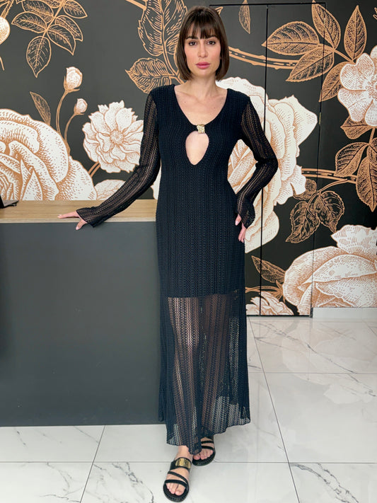 Abito lungo in crochet cut-out nero - HaveOne