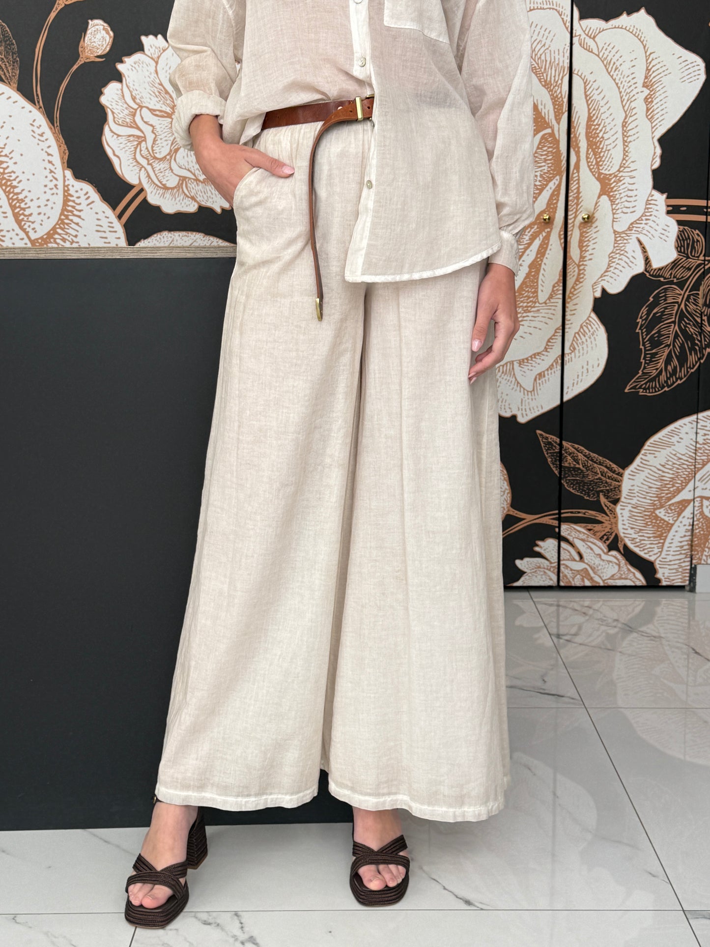 Pantalone ampio in cotone beige - HaveOne