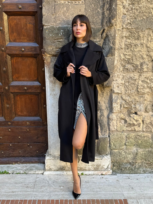 Cappotto vestaglia con cintura abbinata colore nero- Souvenir Clubbing