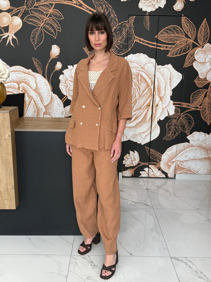 Giacca doppiopetto over in lino cammello - HaveOne