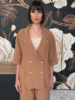 Giacca doppiopetto over in lino cammello - HaveOne