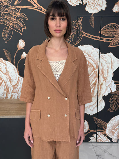 Giacca doppiopetto over in lino cammello - HaveOne