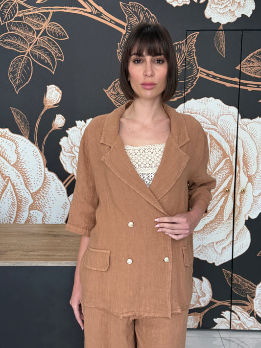 Giacca doppiopetto over in lino cammello - HaveOne